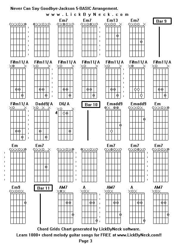 Chord Grids Chart of chord melody fingerstyle guitar song-Never Can Say Goodbye-Jackson 5-BASIC Arrangement,generated by LickByNeck software.